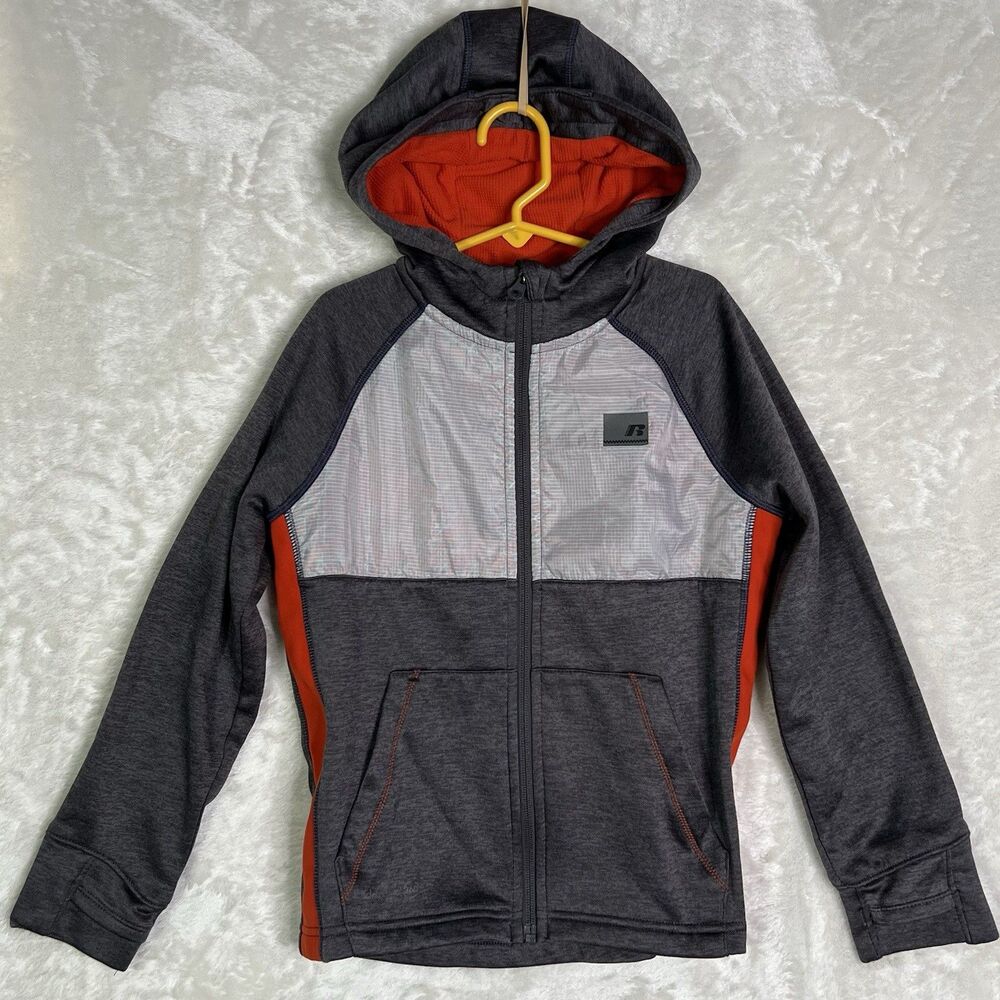 Boys Sz M8 Russell Athletic Hood Jacket Fleece Lined Full Zip Gray Lightweight